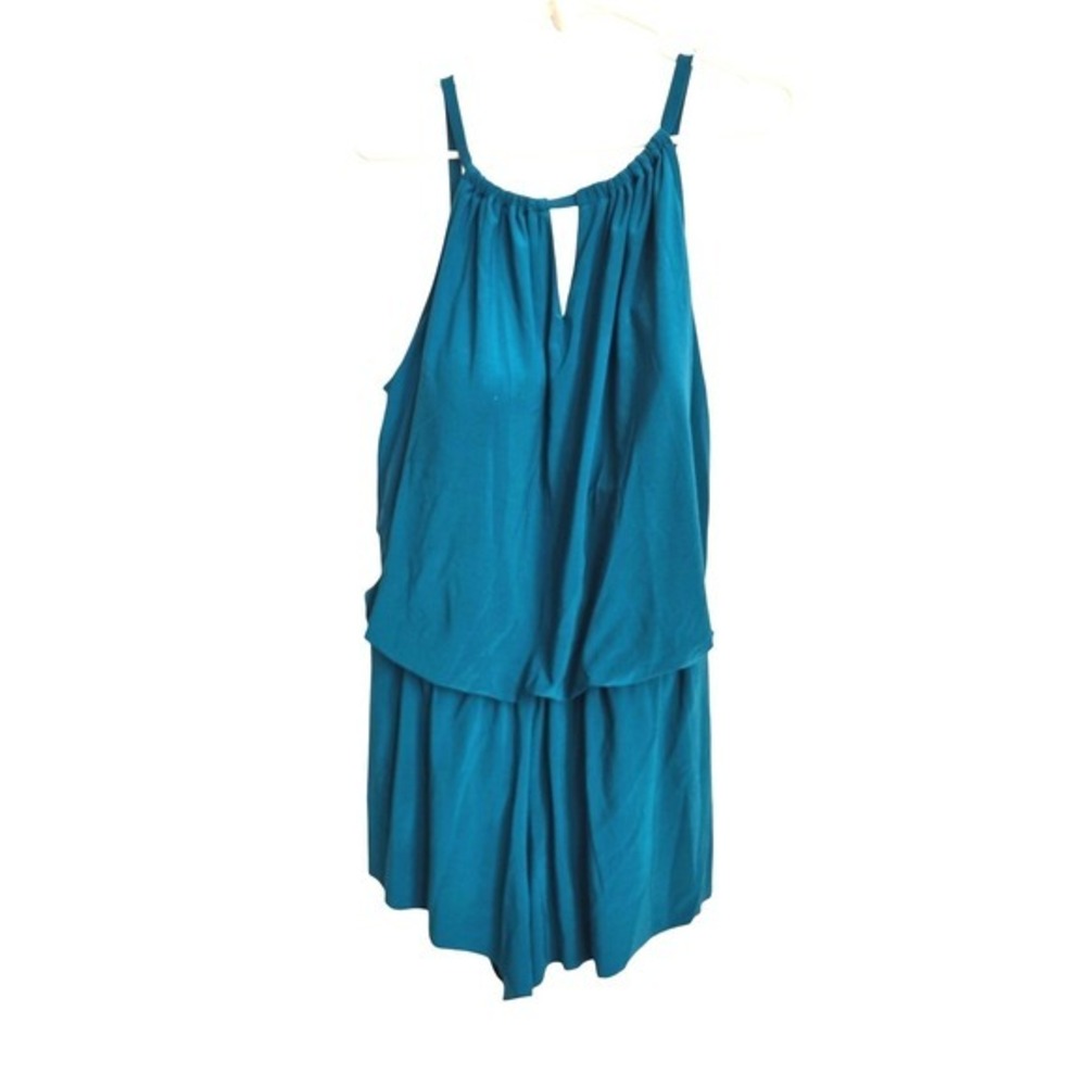 Aqua Green Women Teal Blue Blouson Romper Swimsuit Keyhole Neck Pockets New S